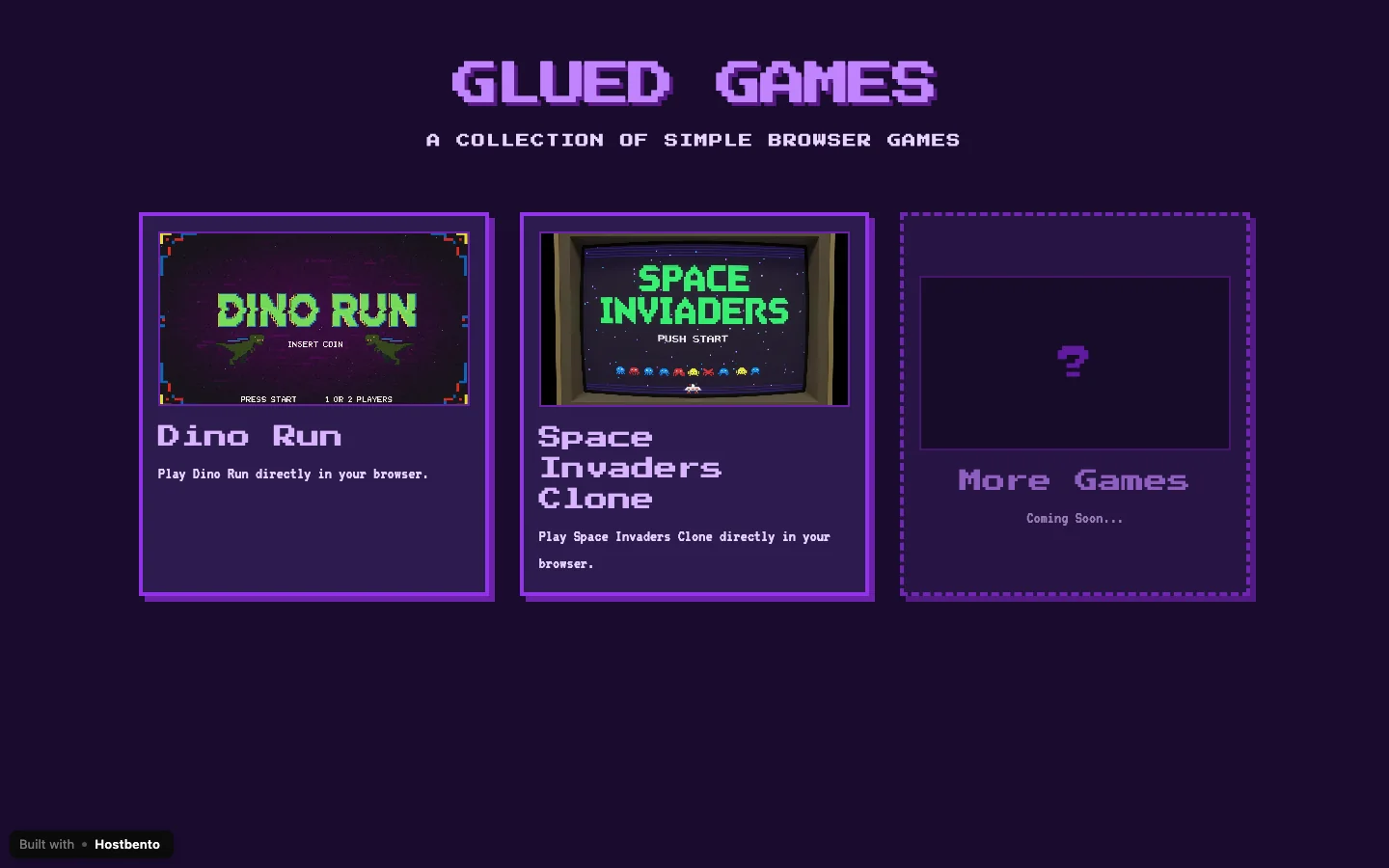Old style arcade games in the browser built with Hostbento workspaces