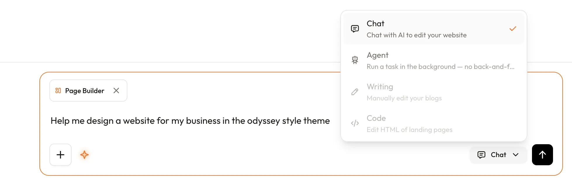 Hostbento task box to interact with AI to build websites in workspaces.